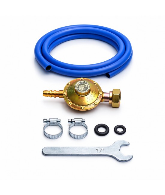 Kit complet racordare GPL butelie cu regulator MONDIAL si furtun 1.5m Kit complet racordare GPL butelie cu regulator MONDIAL si furtun 1.5m